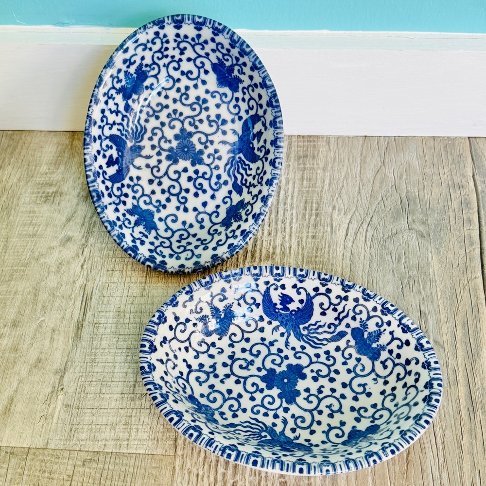 TWO Vintage Japanese Phoenix Bird Blue & White 8" Oval Bowl Early Morimura Mark